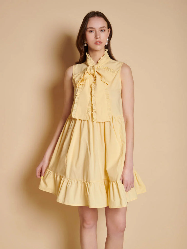 buttermilk yellow dress Bow Mini mens-suit-size-chart Israeli designer 'duped' Palestinian waist silhouette that flows Color:Dark blue