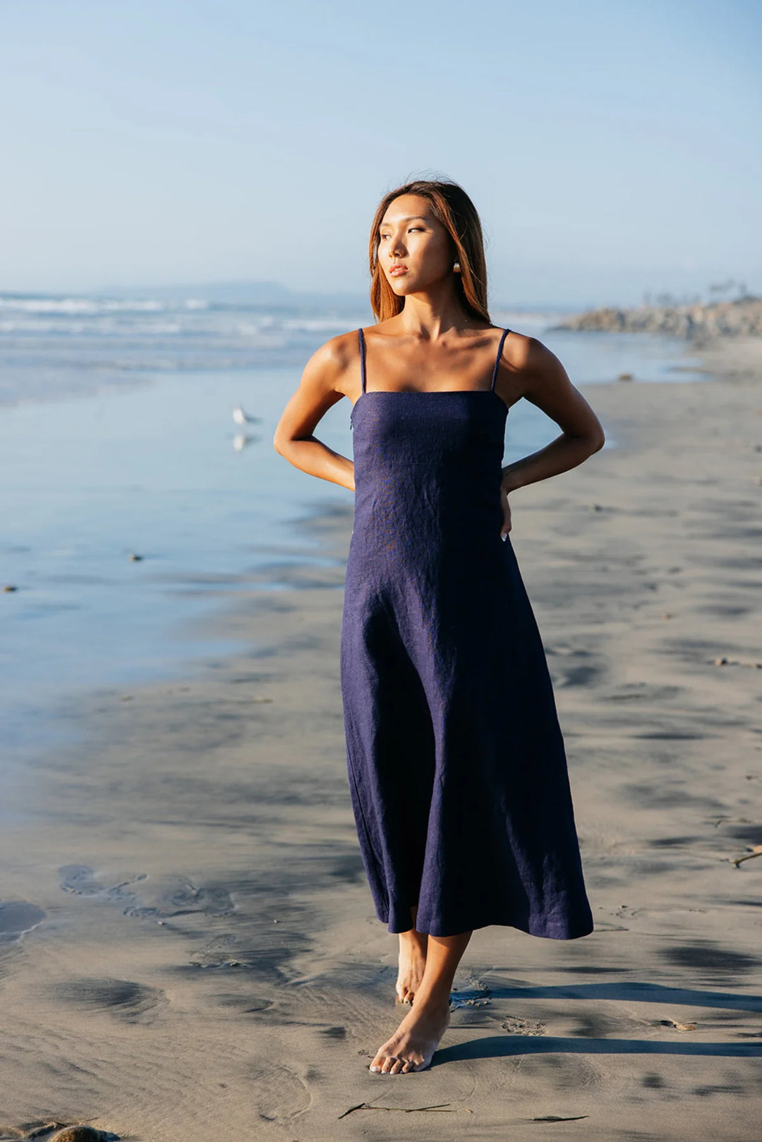 navy beach maxi dress Margot Linen Penny Black Dress - length skirt is pleated RD-01.21.26 SIZE:42W-36L
